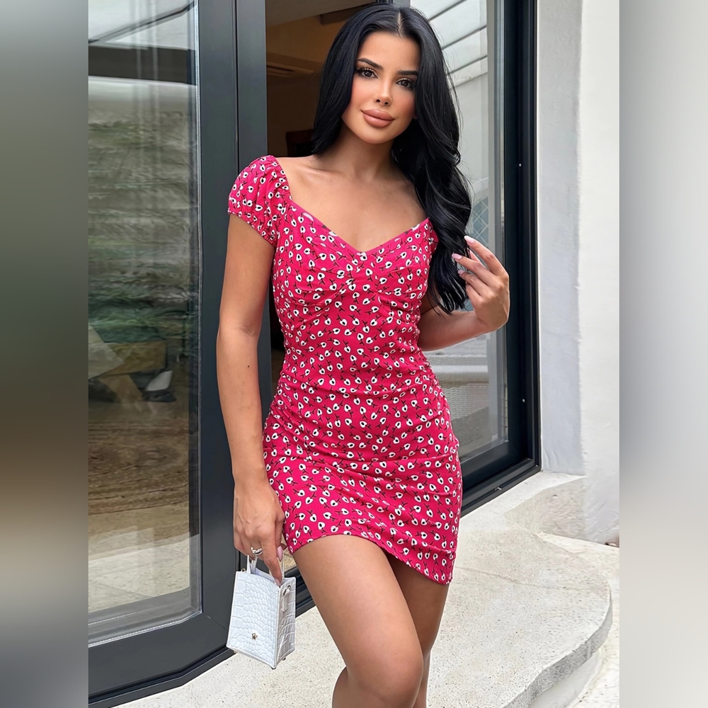 Printed V-Neck Short Sleeve Deep Rose Mini Dress